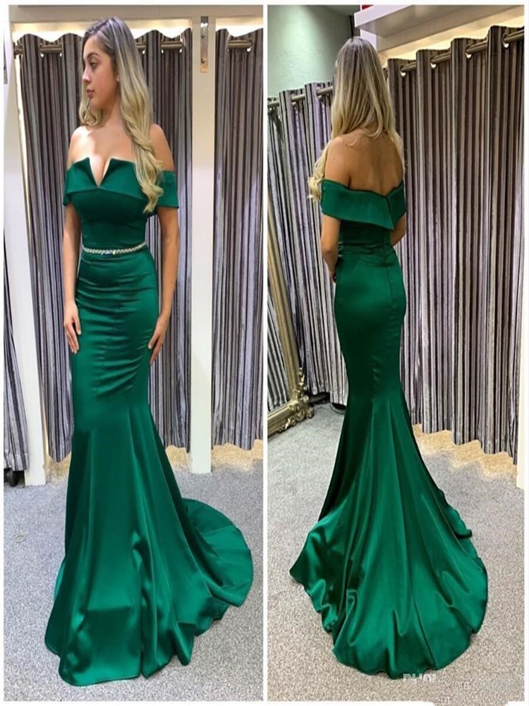 Graceful Off Shoulder Green Prom Dresses Zipper Back evening Party Satin Sweep Train robes de soirée With Beading Sash, Customize
Graceful Off Shoulder Green Prom Dresses Zipper Back evening Party Satin Sweep Train robes de soirée With Beading Sash, Customize