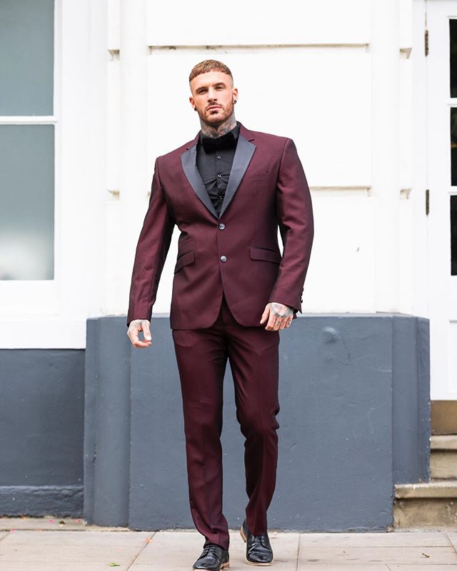 Burgundy Groom Wedding Tuxedos Men Groomsmen Suits Peaked Lapel Slim Fit Two Button Prom Party Dinner Blazer Jacket (Jacket+Pants)