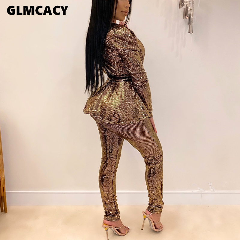 Two Piece Dress Women Plus Size Office Ladies Sequined Autumn 2 Set Top And Pants Elegant Female Casual Business Suits