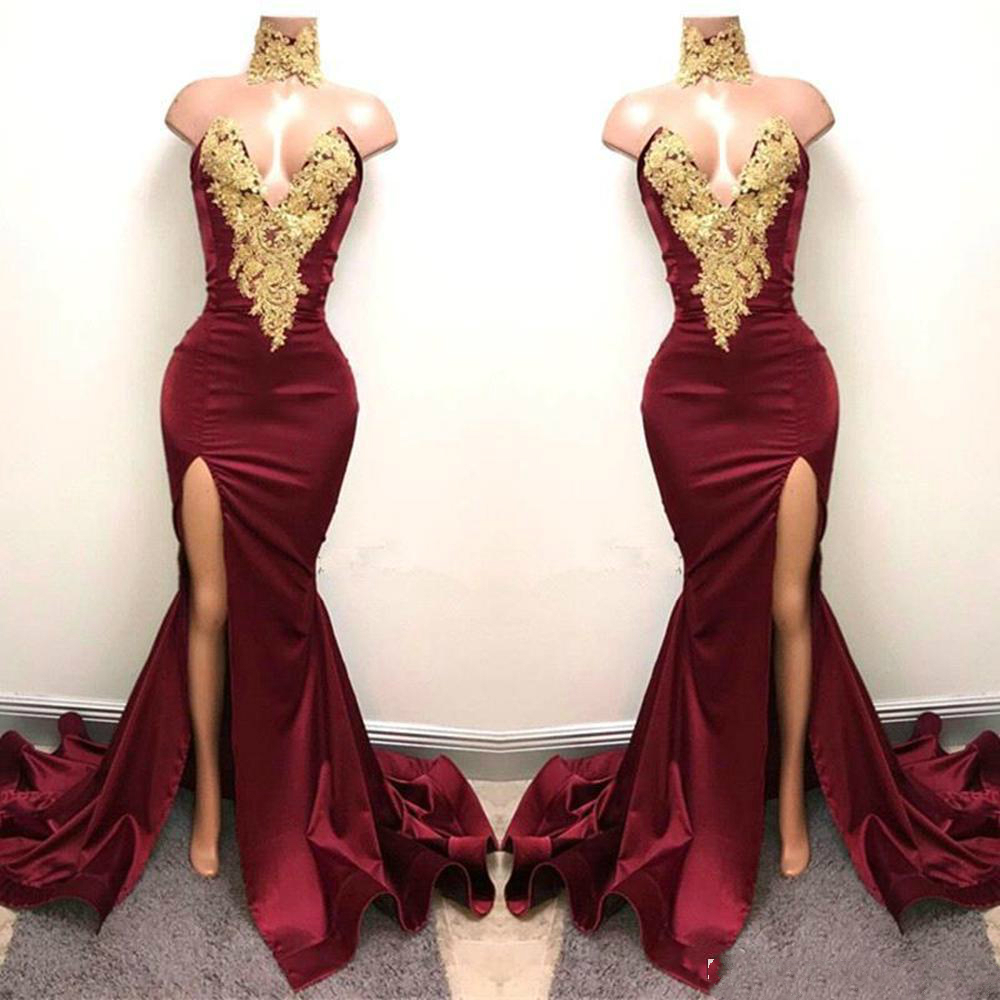New Design Sexy Burgundy Prom Dresses Gold Lace Appliqued Mermaid Front Split for 2020 Long Party Evening Wear Gowns