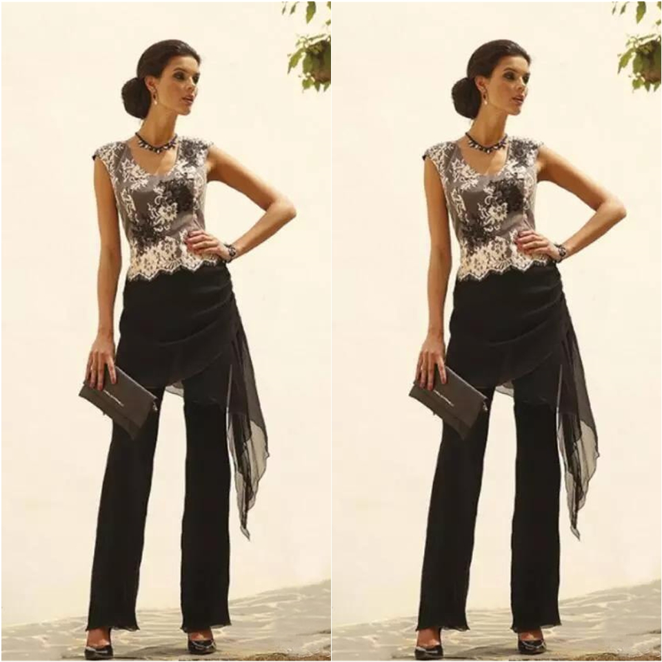 Lace Black Two Piece Mother of the Bride Pant Suit Plus Size Mother Formal Wear Evening Dresses