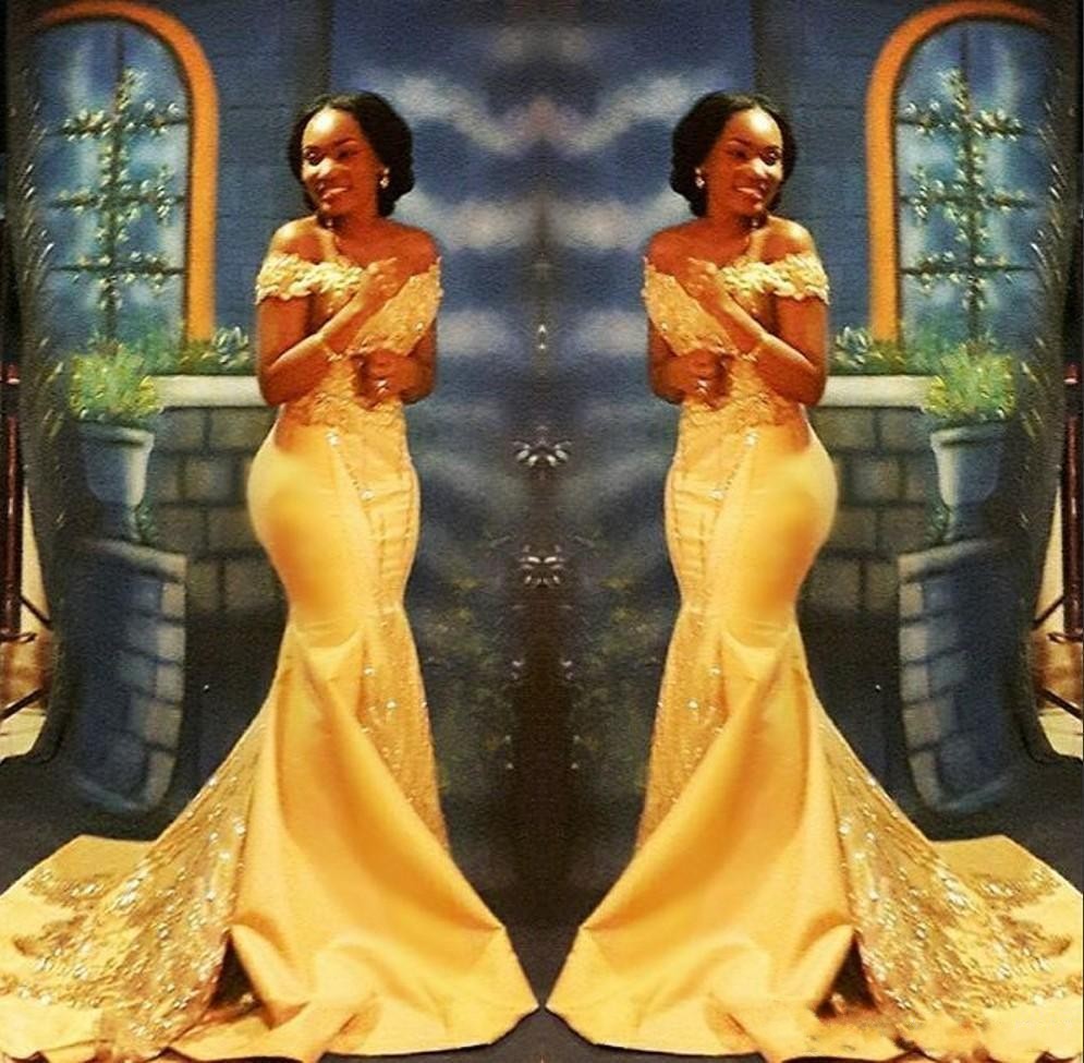 Arabic New Sexy Yellow Satin Evening Dresses Wear Mermaid Off Shoulder Lace Appliques Crystal Beading Plus Size Prom Dress Party Gowns