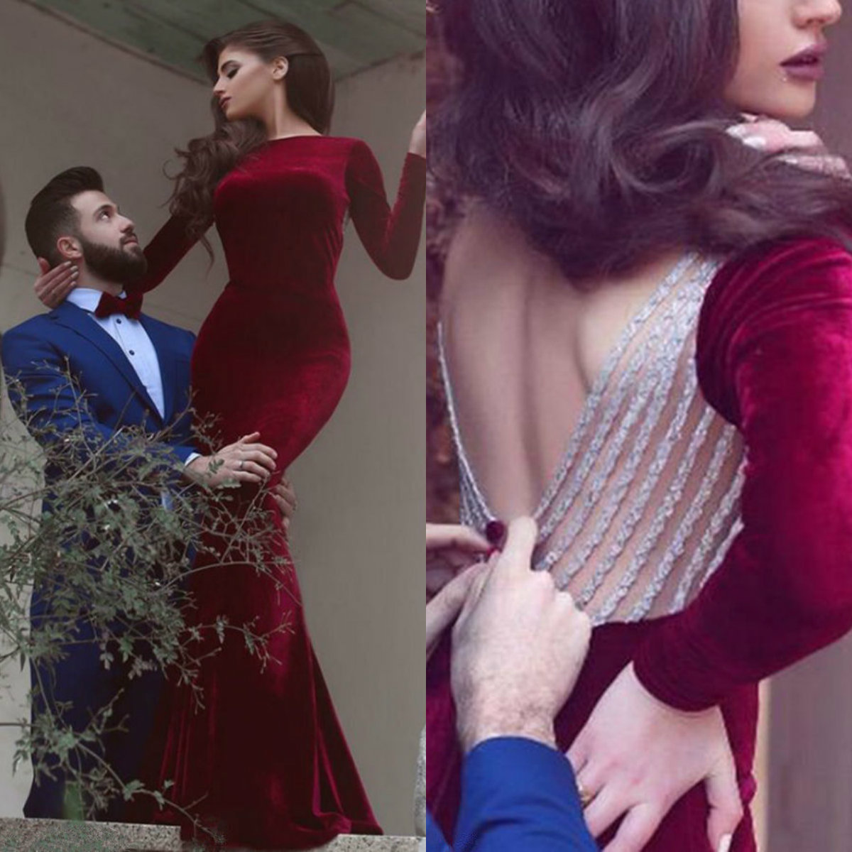 Sexy Burgundy Mermaid Prom Dresses with Long Sleeve Upscale Velvet Sequins Backless Evening Dress Dubai Custom Made Party Gowns