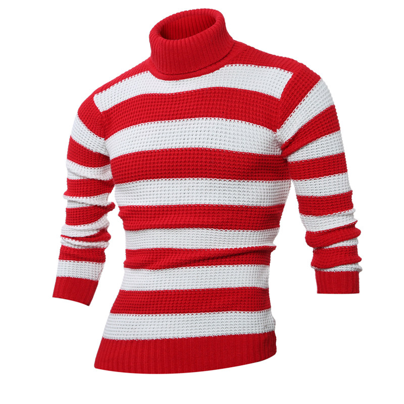 Men's Sweaters Winter Fashion Stripe Print Design Large Size Turtleneck Sweater Long Sleeve Contrast Casual