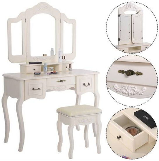 

Free Shipping Wholesales Tri-fold Mirror Dresser with Dressing Stool White Dressing Table 5 Drawers