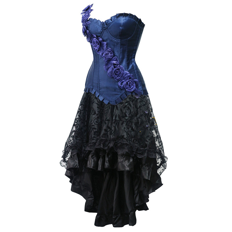 Women Dancing Outfit One Shoulder Rose Flowers Satin Overbust Corset and Black Flocked Hi-lo Skirt S-6XL Plus Size