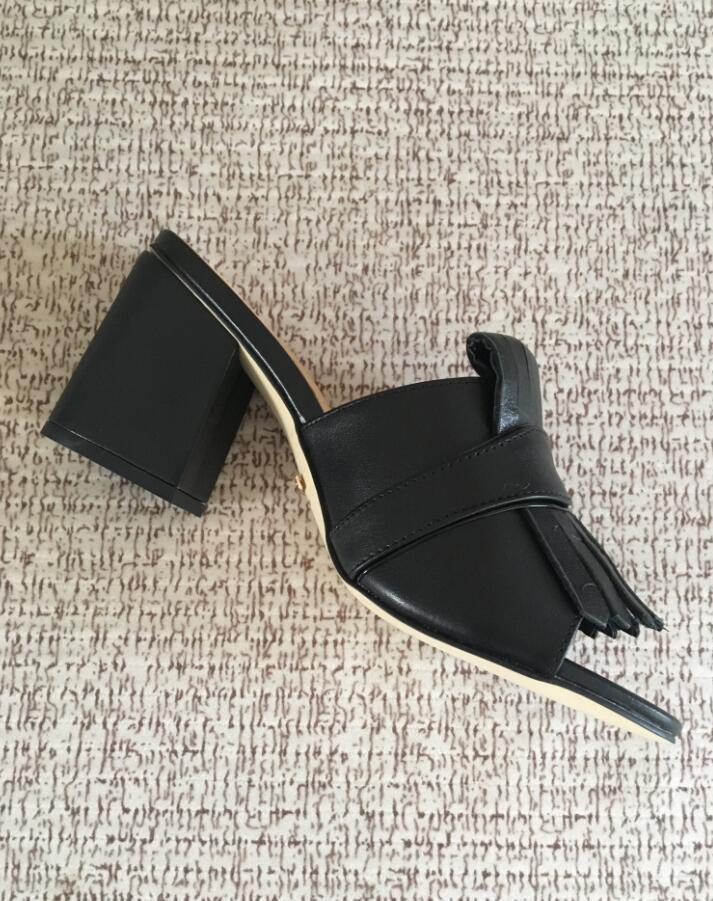 Hot Sale-omen's fashion thick heels shoes black leather sandals girls casual heel slides lady red green shoe big size 34-42 41 #G18