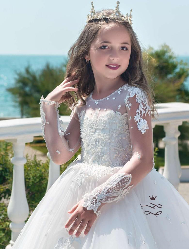 Beautiful Kids White Princess Wedding Dresses Lace Appliques Pearl Long Sleeves Girls Pageant Gown Tulle Flower Girl Dress 0521