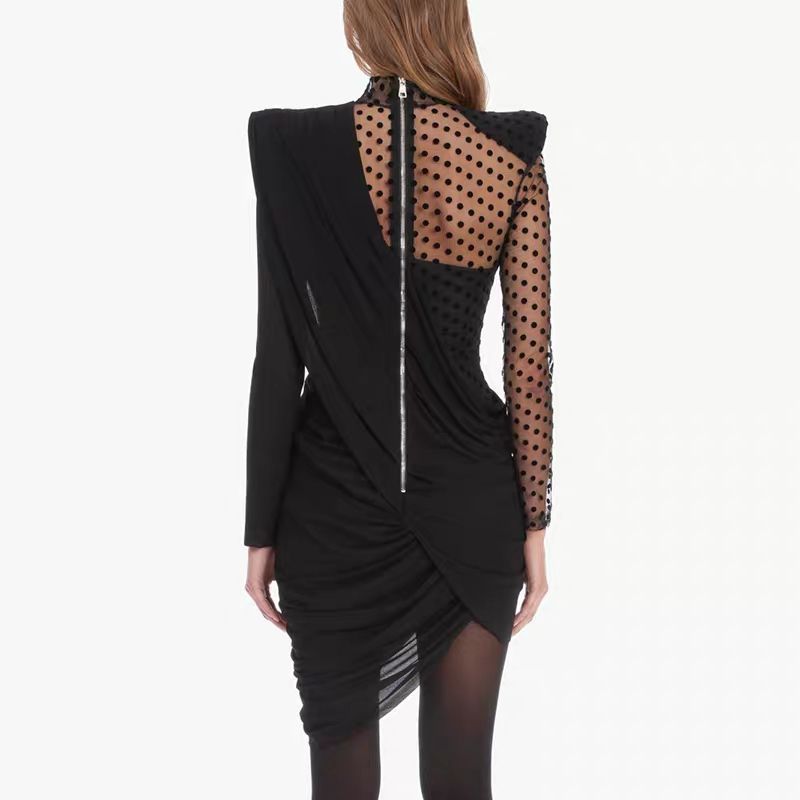 Casual Dresses Women Dress Stand Collar Long Sleeve Black Dot Mesh Stitching Pleated Wrap Irregular Sexy Mini Dresses1