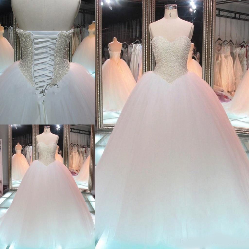 Newest Fashion Sweetheart Neck Tulle Wedding Dresses Lace up Back Beaded Beach Bridal Wedding Gowns Vestido de Noiva Bride Dresses