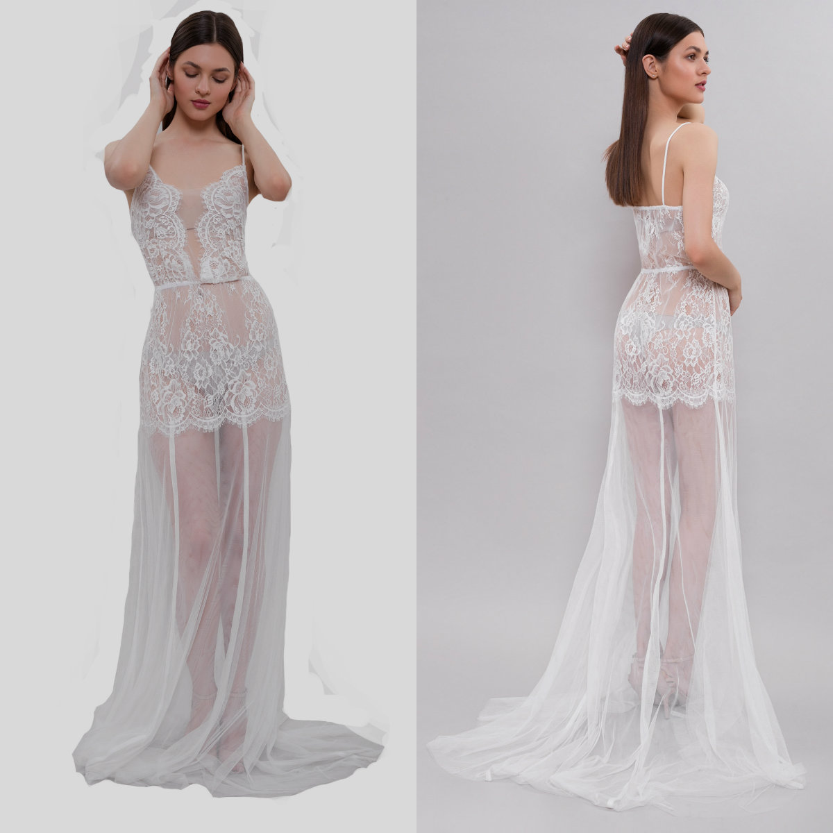 Hot Sell Sexy Wedding Robes Spaghetti Strap Sleeveless Appliqued Lace See Through Night Gown For Women Ribbon Backless Sweep Train Sleepwear