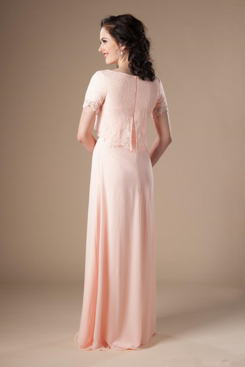 Sky Blue Long Modest Bridesmaid Dresses With Short Sleeves Lace Top A-Line Formal Boho Rustic Religious Wedding Party Dress Z43 0510