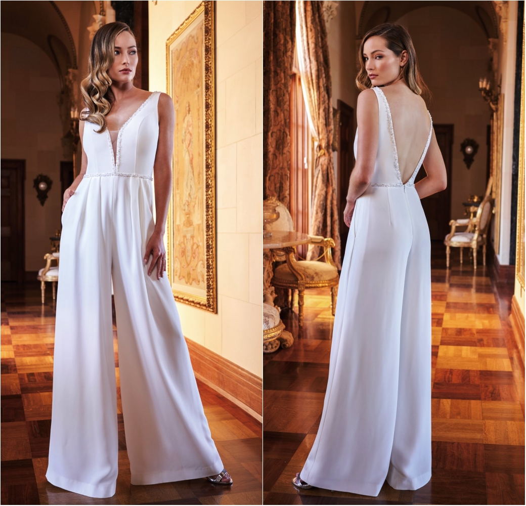 Vintage Satin Wedding Dresses Jumpsuit Beading V Neck Bridal Gowns With Wraps vestido de novia Illusion Backless Boho Wedding Dress