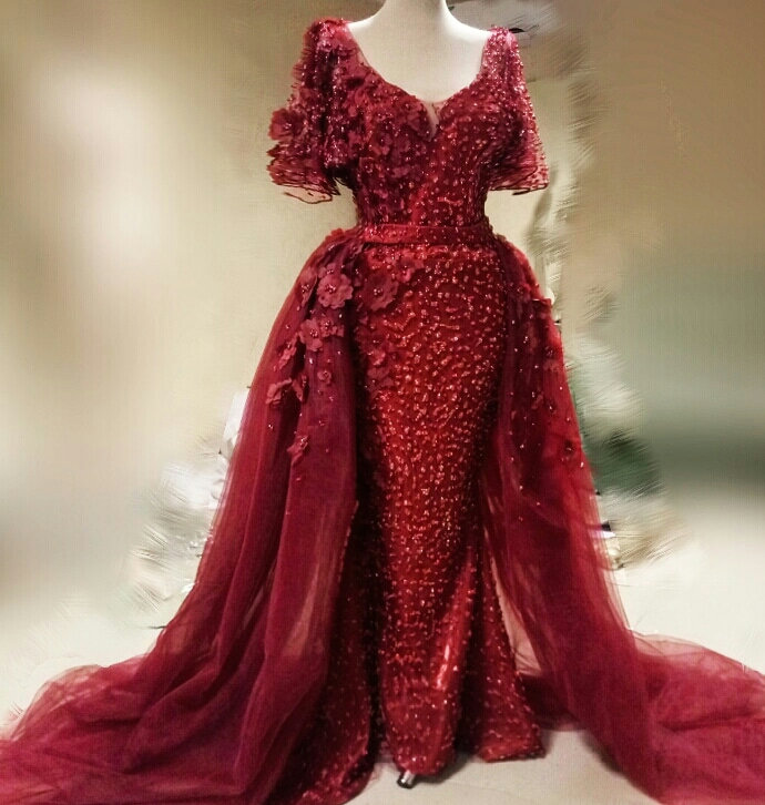 Red Mermaid Evening Dresses with Detachable Train Lace Appliqued Pearls Luxury Flower Mermaid Prom Dress Short Sleeves Party Dress Custom