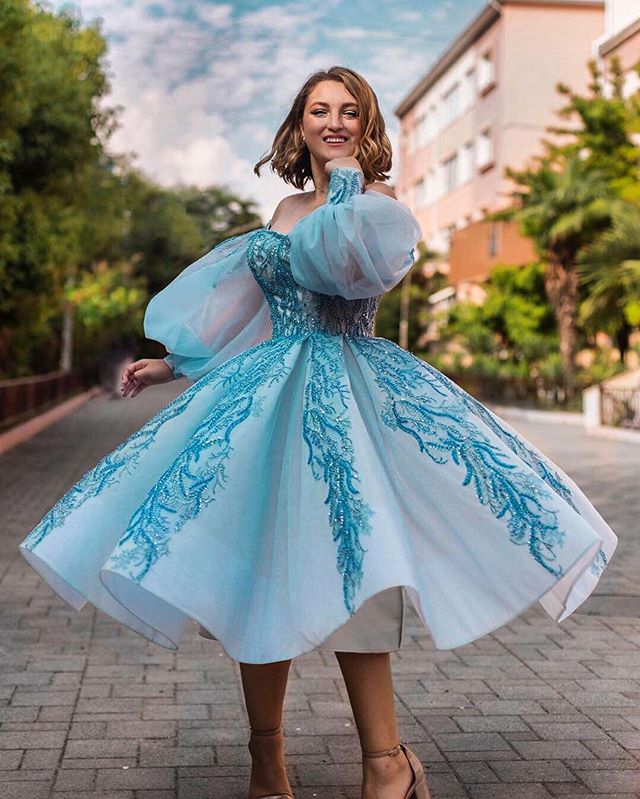 Real Image Prom Dresses Blue Beaded Off The Shoulder A Line Appliqued Long Sleeve Evening Dress Party Wear Custom Made Formal Occasion Gowns