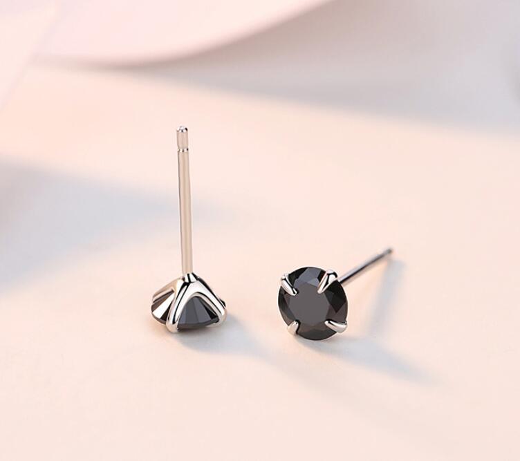 Simple Fashion Jewelry 925 Sterling Silver Black Sapphire CZ Diamond Gemstones Solitaire Women Wedding Party Men Stud Earring
