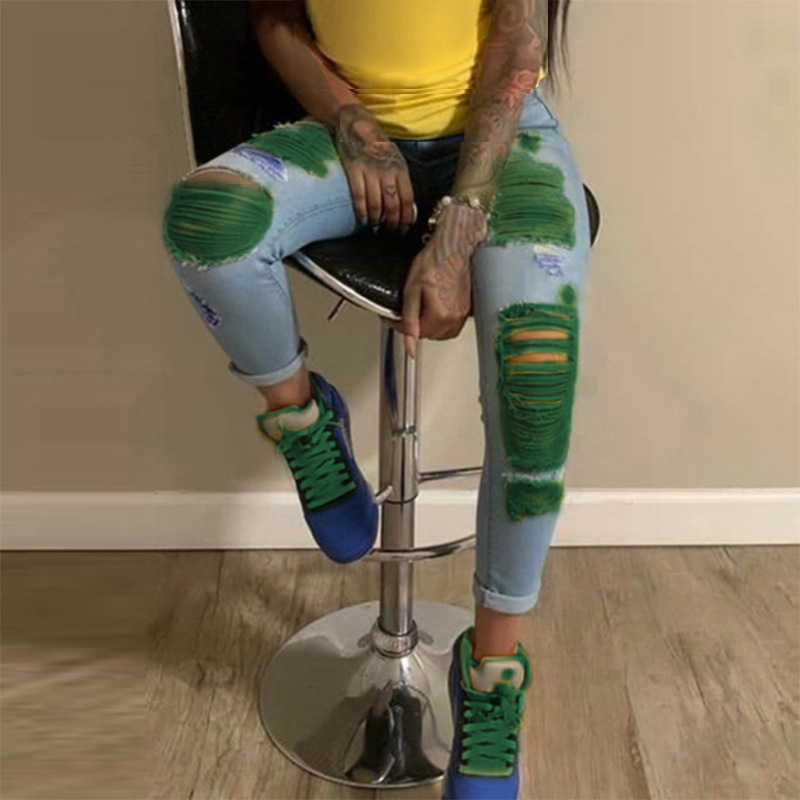 Orange Print Ripped Jeans For Women Denim Pencil Pants High Waist Skinny Boyfriend Jeans Torn Jeggings Large Size Mom 2020