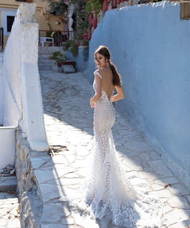lian rokman mermaid wedding dresses 3d floral appliqued tulle lace sexy sheer v neck beach bridal gowns backless robe de marie