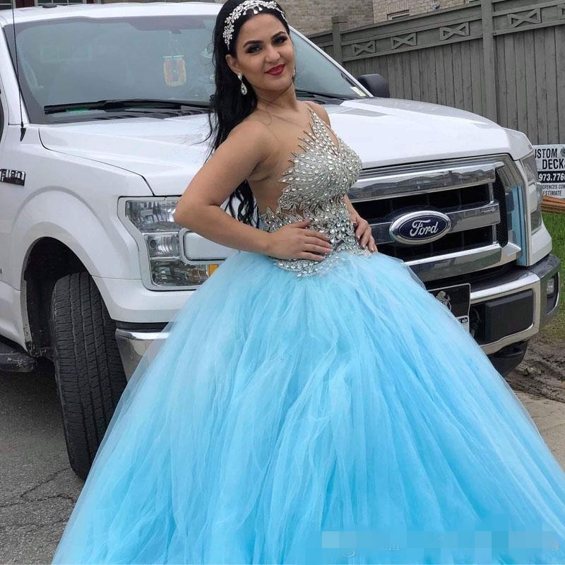 Newest Blue Sky Quinceanera Dresses Halter Sheer Neck Illusion Back Beaded Crystal Appliqued Tulle Sweet Prom Ball Gown