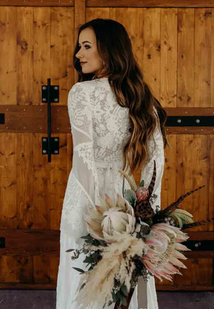 High Quality Bohemian Lace Wedding Dresses A Line Flare Long Sleeve Countryside Garden Bride Bridal Gowns Plus Size Custom Made
