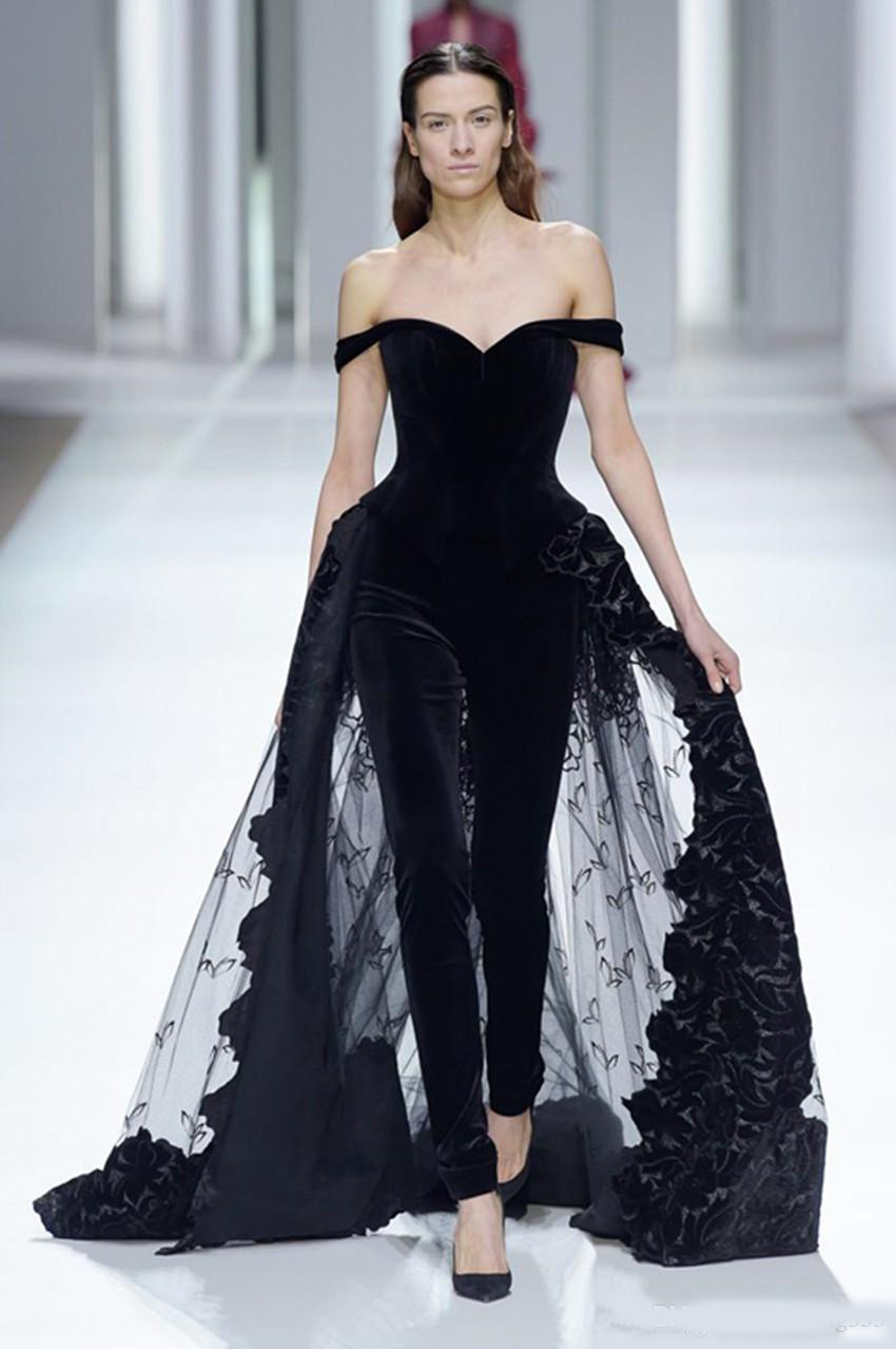 2020 Women Fashion Evening Dresses Jumpsuits Off Shoulder Overskirts Tulle Lace Dress Prom Dresses Special Occasion Wears Robes De Soirée