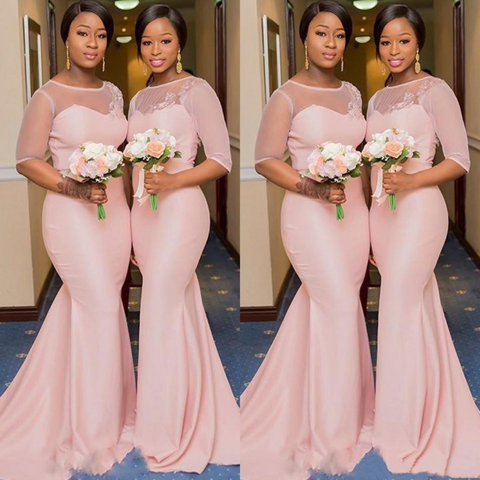 Robe demoiselle d'honneur Illusion Mermaid African Pink Bridesmaid Dresses Half Sleeve Wedding Guest Dress Prom Party Gowns