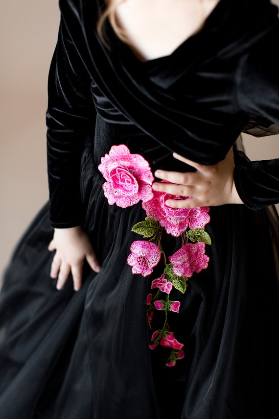 Black wer Girl Dresses With Pink Appliques Off The Shoulder or Length Long Sleeves Pageant Dress Custom Made Veet Girls Gowns