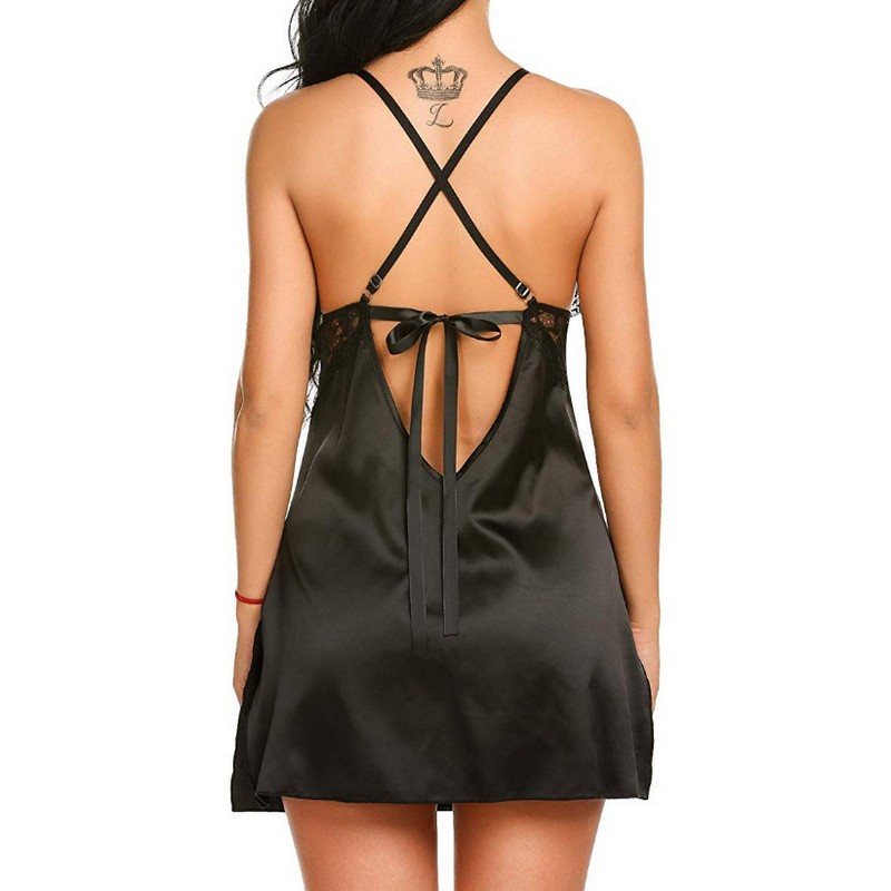 Cut-out Eyelash Lace Details Silky Sheer Satin Nightwear Babydoll Chemise with G-String Set Sleepwear Dress Women Sexy Lingerie Side Split