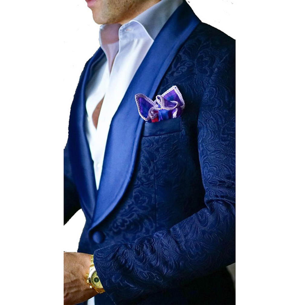 Formal Navy Blue White Wedding Tuxedos Paisley Evening Party Ocn Groom Suits Groomsmen Best Men Blazer Only Jacket 0510