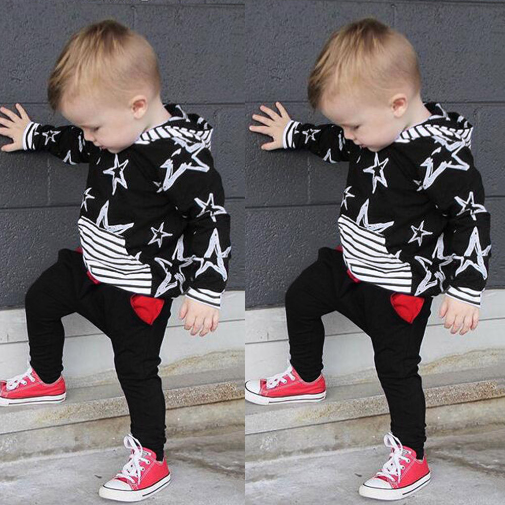 Fashion Baby Boy clothes Winter clothes set 2PCs Long Sleeve Sweatshirt Star Hoode Top+Print Pants Cloth Sets roupas meni