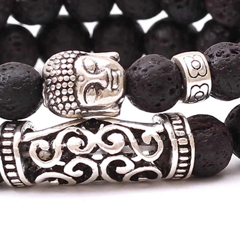 Natural Gemstone Turquoise Volcanic Rocks Tigers's eye Bead Bracelet Men Womens Double Layer Buddha Charms Stackable Bracelet Jewelry