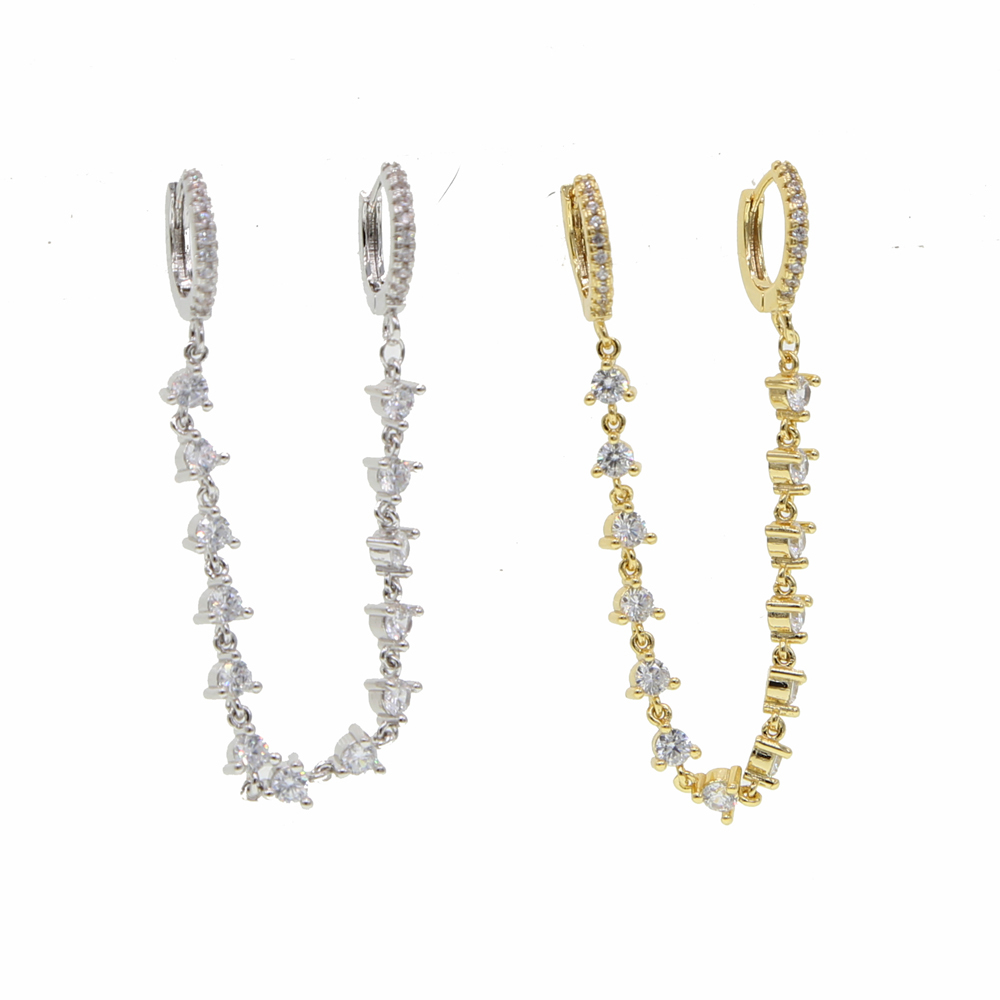 double piercing 2 hole tassel chain mini cz hoop earring prong setting cz tennis chain fashion women jewelry T200225
