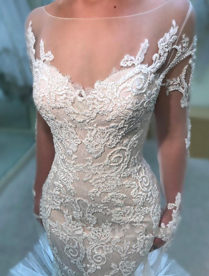 Cheap Long Sleeve Mermaid Wedding Dress Lace Zipper And Covered Button Back Garden Country Church Bride Bridal Gown Custom Made Plus Size