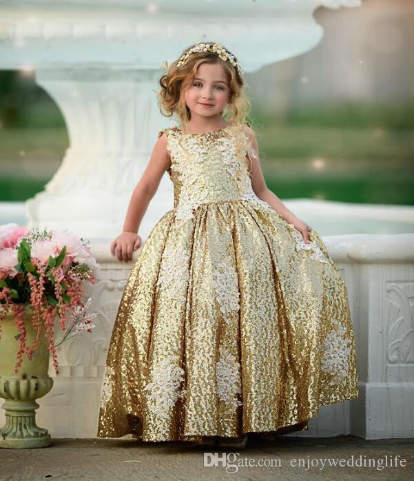 Arrival Lovely New Gold Sequined Champagne Ball Gown Wer Girl Dresses Lace Applique Backless With Bow Beadings Pearls Kids Prom Dress Lz0304