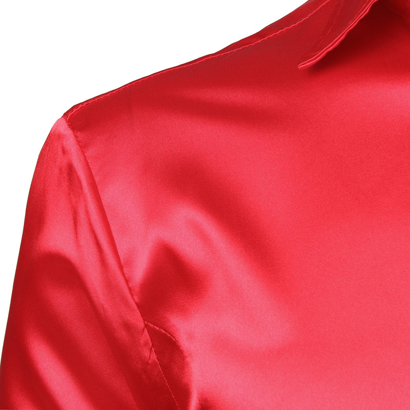 Men's Slim Fit Silk Satin Dress Shirts Wedding Groom Stage Prom Men Long Sleeve Button Down Shirt Male Chemise Homme Red MX200518