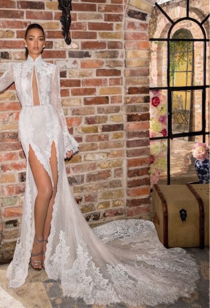 elihav sasson side split wedding dresses high neck long sleeve mermaid bridal gowns full lace open back sexy wedding dress
