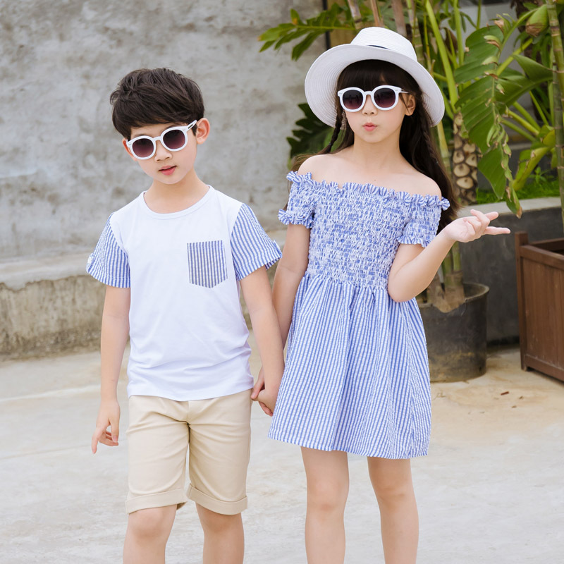 Family Clothing Mommy And Daughter's One shoulder Dress Father Son Summer T-shirt Clothing Outfit For Mother Father And Children