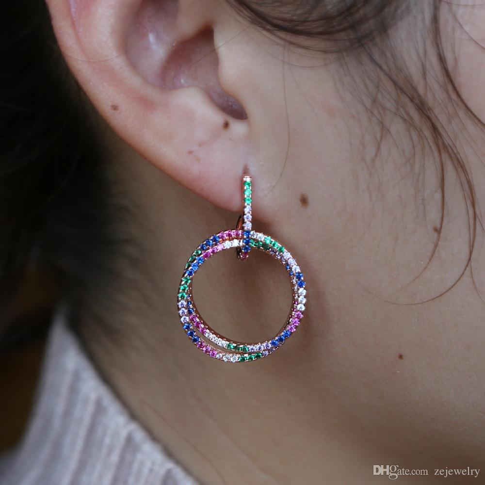 2019 Rose Gold color double round circle mix colorful CZ women classic jewelry top quality latest new design necklace earring setSuit