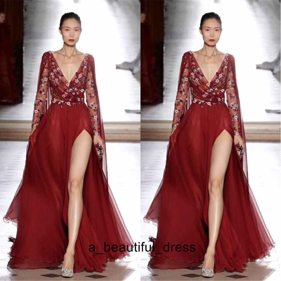 New Side Split Dresses Evening Wear Long Sleeve Red Embroidery Vintage Prom Gowns Sexy Deep V Neck Party Dress PD5576
