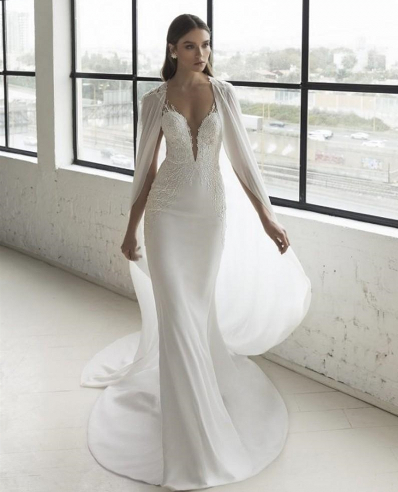 2020 Modern Applques Mermaid Wedding Dress with Cape Chiffon Wrap Sparkly Lace Trumpet Chic Bridal Gowns vestido de noiva Custom Made