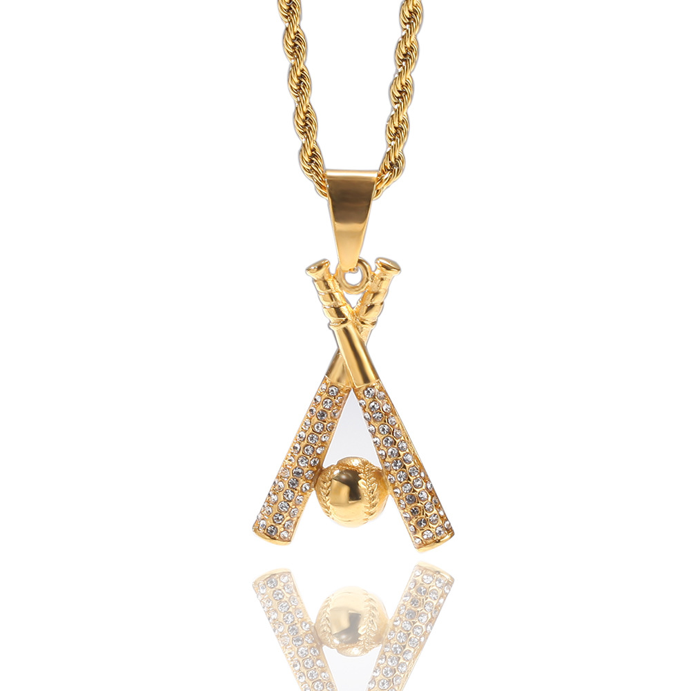 Hip Hop Stainless Steel Baseball Pendant Necklace Sports Fitness Jewelry 18k Real Gold Plated White Zircon