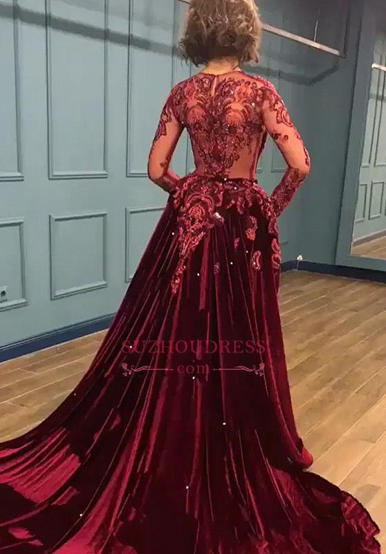 2019 Burgundy Velvet Mermaid Prom Dresses Long Sleeves Deep V Neck Lace Beads Evening Dresses Formal Women Party Gowns bc0731