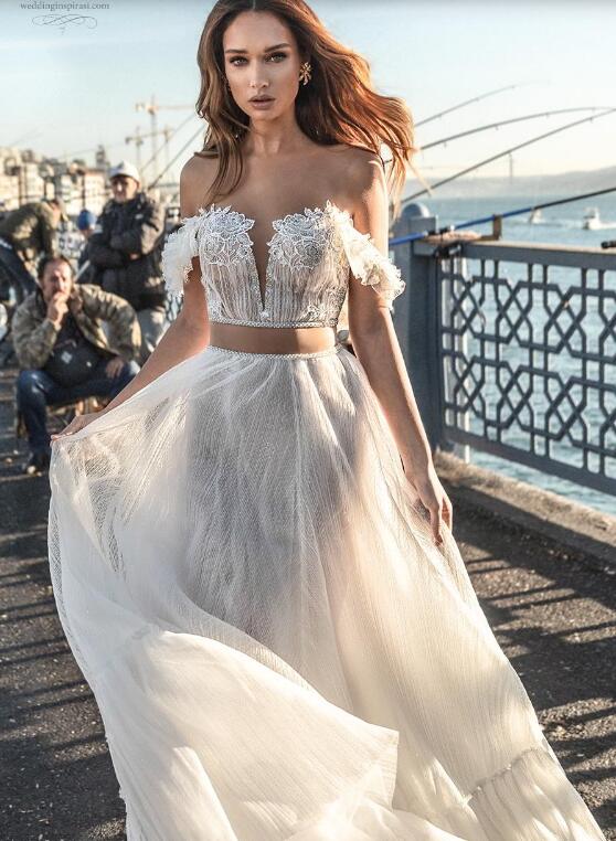 Two Pieces Beach Wedding Dresses 2019 Off Shoulder Lace Floor Length Boho Bridal Gowns Dimitrius Dalia Sexy Wedding Dress robe de mariée
