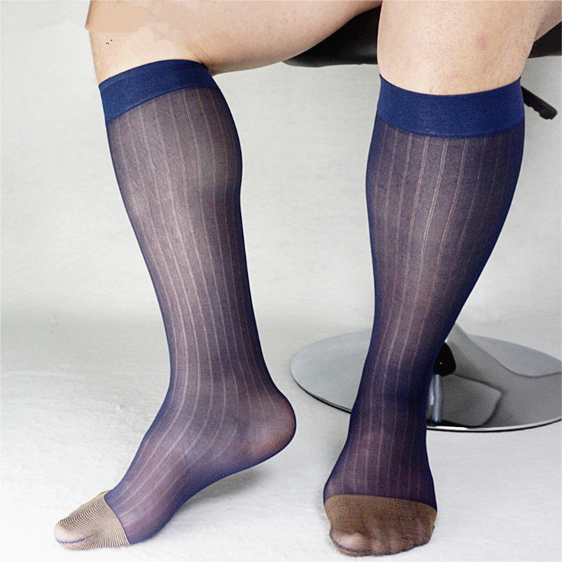 Striped Mesh Nylon Silk Socks For Men Business 1 Pair Soft Sheer Light Weight Formal Dress Suit Knee Length Long Socks
