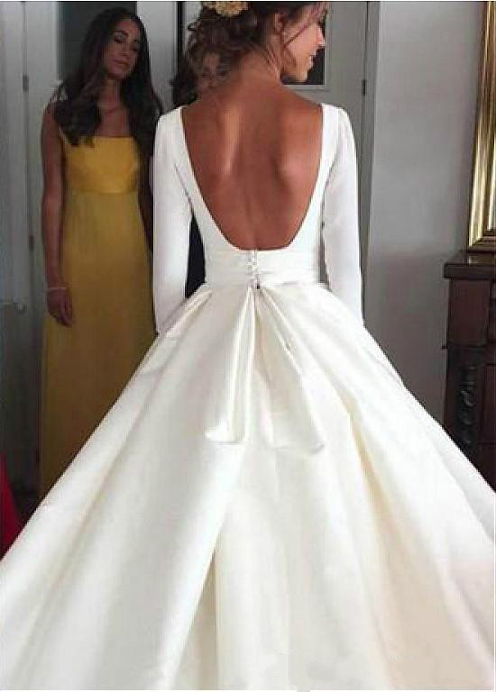 New Cheap Simple Plus Size Wedding Dresses 2020 Boat Neckline Long Sleeves Backless Sexy Bridal Gowns