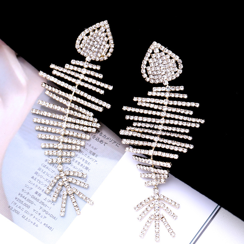 Shiny Bling Fish Skeleton S925 Silver Needle Dangle Drop Earrings New Style White Zircon Gold Plated Earring Jewelry Wholesale