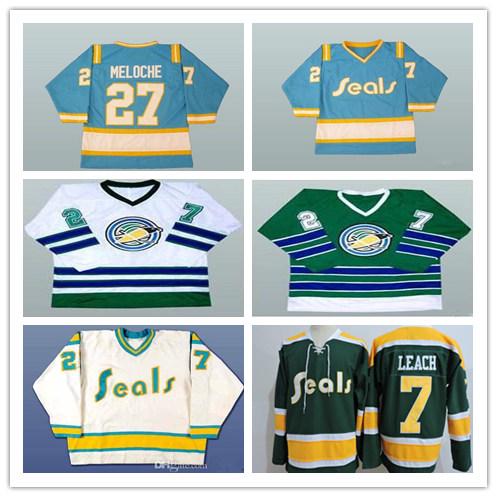 Men's 1970s CALIFORNIA GOLDEN SEALS 27 GILLES MELOCHE 7 REGGIE LEACH Vintage Jersey Stitched White Blue Green Yellow Alternate Size S-4XL