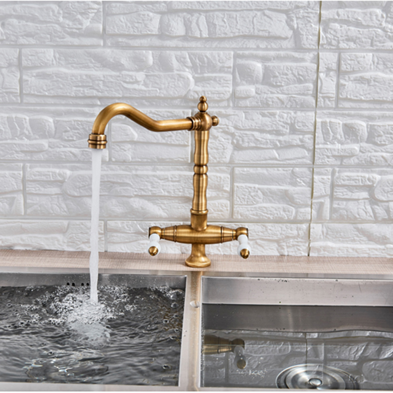 Antique Brass Dual Handle Kitchen Faucet Deck Mounted Ceramic Handle Kitchen Sink Tap Swivel Spout Hot Cold Water Kitchen Mixer