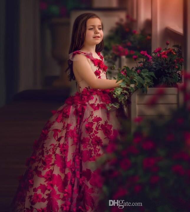 cute ballroom flower girl dresses jewel neck 3d floral appliqued long girl pageant gowns ruffle floor length custom made birthday gown
