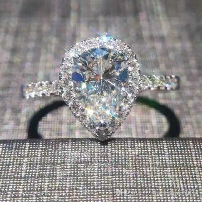 Classic Wedding Ring Fine Jewelry 925 Sterling Silver Pear Cut White Topaz CZ Diamond Gemstones Eternity Female Women Engagement Band Rings